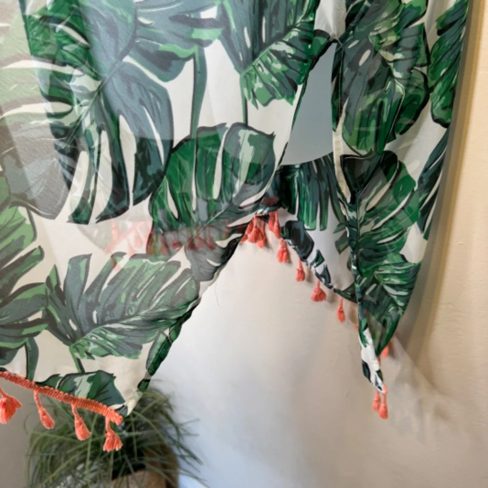 Monstera Palm Print Tropical Botanical Pattern Tassel Sheer Open Front Kimono